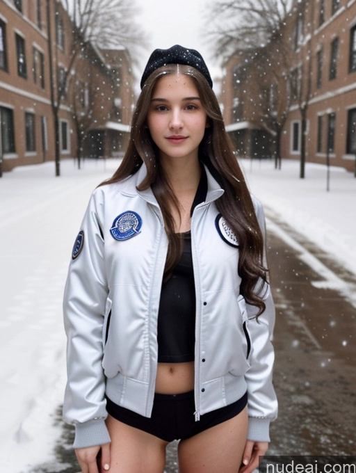 ai nude image of arafed woman in a silver jacket and black underwear standing in a snowy alley pics of Sorority Perfect Boobs Beautiful Perfect Body 18 Sexy Face Jewish Snow Bomber