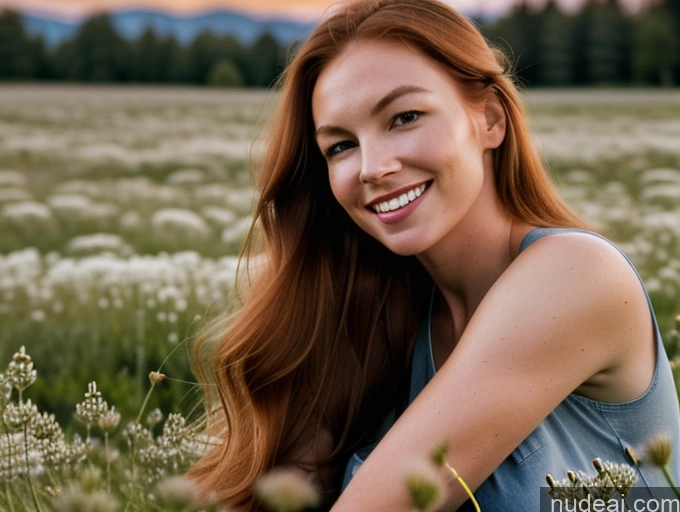 ai nude image of smiling woman sitting in a field of flowers with mountains in the background pics of Model One Perfect Boobs 40s Happy Long Hair Jeans Front View Meadow Dark Lighting Ginger