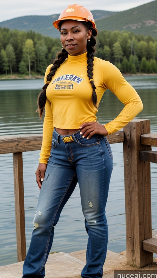 ai nude image of arafed woman in a yellow shirt and jeans standing on a dock pics of Bodybuilder Abs Dark Skin Western Pubic Hair 70s Muscular Thick Big Hips Braided Black Lake Jeans Serious Construction Worker