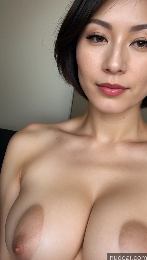 ai nude image of arafed asian woman with big breast posing for a picture pics of Woman One Beautiful Lipstick Fairer Skin 30s Black Hair Skin Detail (beta) Close-up View Japanese Bobcut Huge Boobs