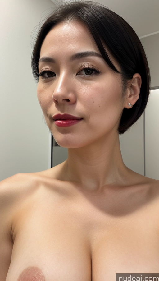 ai nude image of arafed asian woman with a very large breast in a bathroom pics of Woman One Beautiful Lipstick Fairer Skin 30s Black Hair Skin Detail (beta) Close-up View Huge Boobs Japanese Bobcut