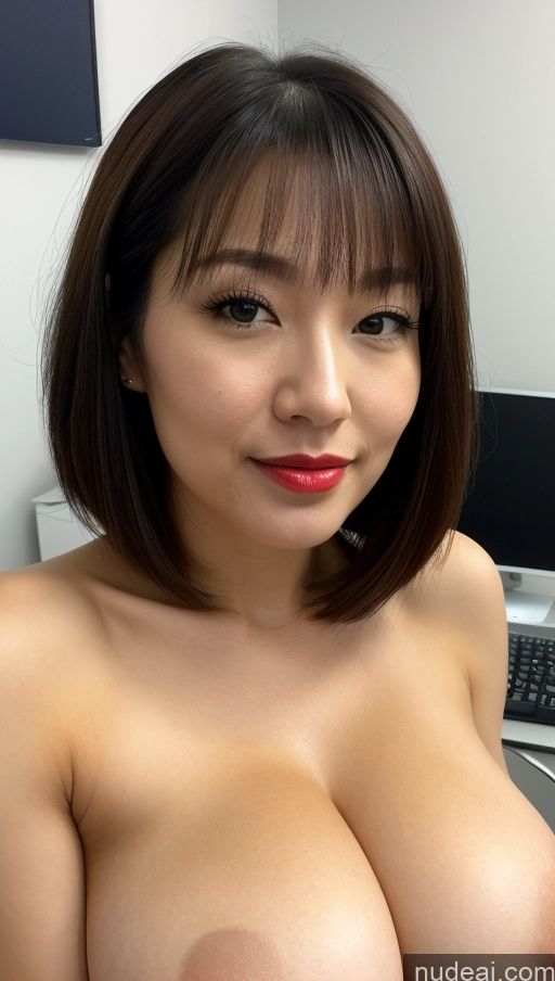 ai nude image of arafed asian woman with big tits posing in front of a computer pics of Woman One Huge Boobs Beautiful Lipstick Fairer Skin 30s Black Hair Bobcut Japanese Skin Detail (beta) Close-up View Office Detailed