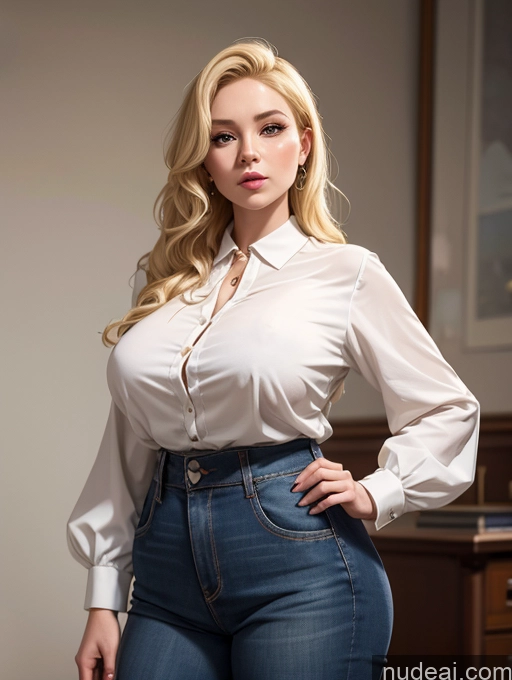 ai nude image of blonde woman in white shirt and jeans posing for a picture pics of Woman One Small Tits Short Big Hips Blonde Long Hair Blouse German Fat