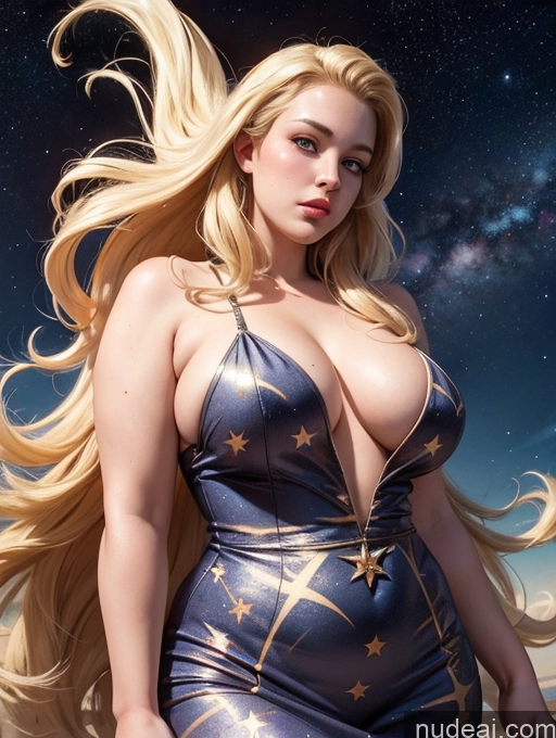 ai nude image of a close up of a woman in a bodysuit with stars on it pics of Woman One Blonde Long Hair German Chubby Stargazing Dress Front View Thick 20s Fat