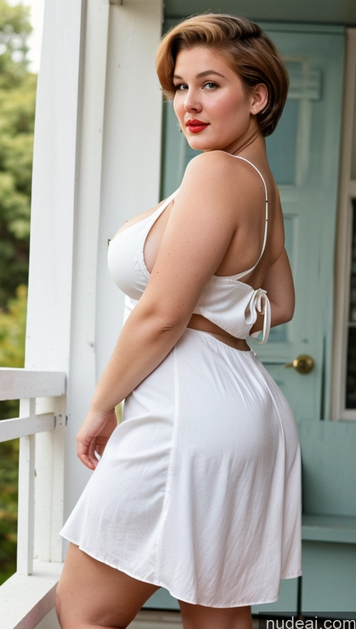 ai nude image of araffe woman in white dress posing on porch with blue door pics of Huge Boobs Perfect Boobs Beautiful Big Ass Lipstick Thick Chubby Big Hips Perfect Body Fairer Skin Sundress Cleavage Short Hair French Pearl Jewelry Tanned Skin 40s 60s Fat Ginger Western Traditional Sorority