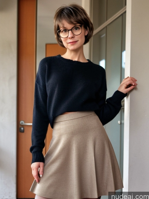 ai nude image of arafed woman in a skirt and sweater leaning against a wall pics of Small Tits Glasses Skinny Small Ass Short Sad Brunette Short Hair British School Hallway Sweater Teacher Milf Full Frontal 70s Long Skirt Pantyhose Auntjunev3