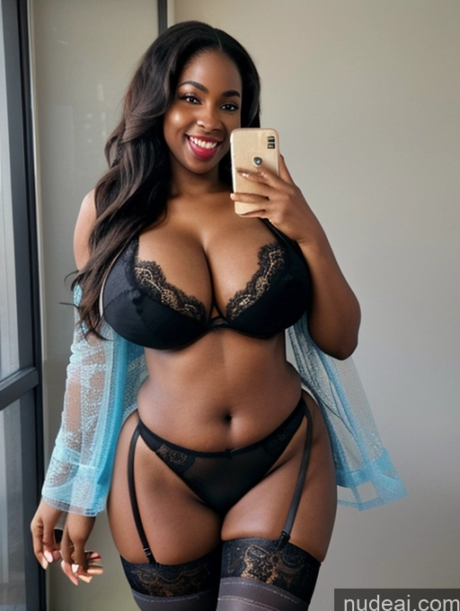 ai nude image of araffe woman in lingerie taking a selfie with her cell phone pics of Milf Lipstick Big Hips Short Long Hair 30s Laughing Seductive Brunette Lingerie Stockings Cleavage Bright Lighting Sexy Face African Busty Huge Boobs Thick Pubic Hair Transparent Partially Nude Kimono