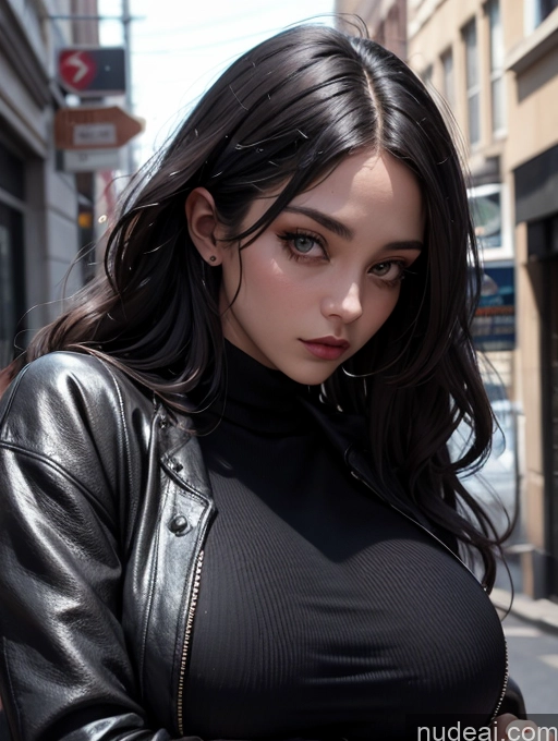 ai nude image of araffe woman in black leather jacket standing on street corner pics of Huge Boobs Black Hair Long Hair Street Close-up View 18 Goth Jacket Blouse Sweater