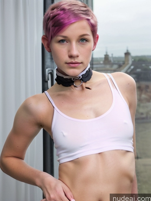 ai nude image of arafed woman with pink hair and a choke standing by a window pics of Woman + Man Two Small Tits Skinny Short Small Ass CARDOGGY 18 Pink Hair Pixie White Choker Thong Tank Top