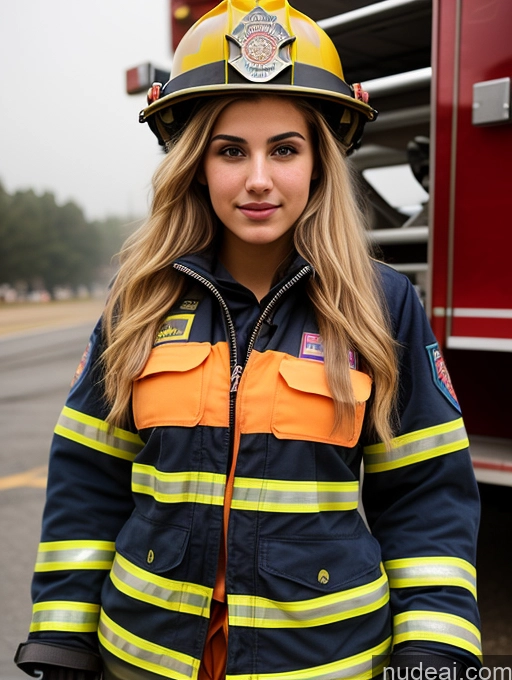 ai nude image of arafed woman in a firefighter's uniform standing in front of a fire truck pics of Sorority Beautiful Perfect Boobs Perfect Body 18 Sexy Face Jewish Firefighter Cleavage