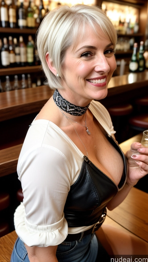 ai nude image of blond woman in leather outfit holding a glass of wine in front of a bar pics of Choker Fairer Skin Hairy Women Bar Side View Beer Western Leather Jacket Jeans Milf Thick Laughing Vintage Alternative Happy Oiled Body Pubic Hair Victorian Traditional 50s Busty White Hair Short Hair