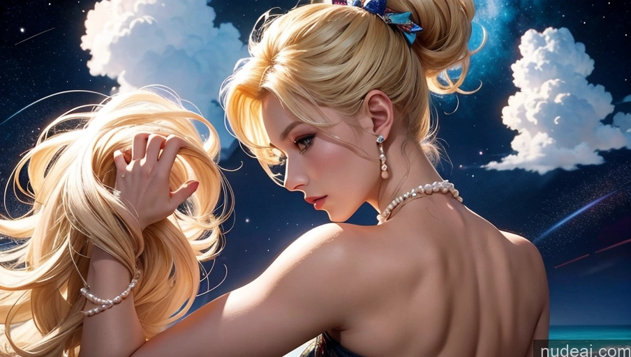 ai nude image of blond woman with a blue dress and pearls on her head pics of Milf One Busty 50s Blonde Ponytail White Stargazing Train Bows Pearl Jewelry Detailed Back View