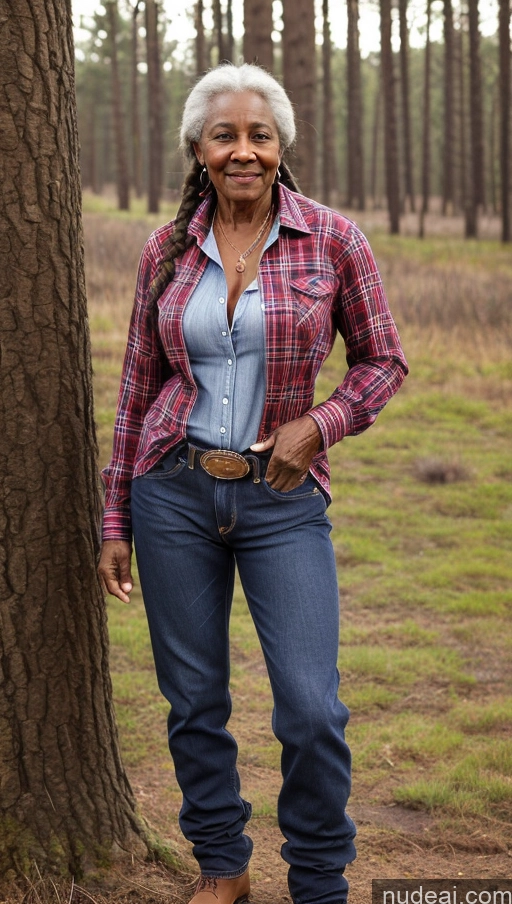 ai nude image of smiling woman in jeans and plaid shirt standing next to a tree pics of Muscular Abs Lumberjack Dark Skin Jeans Small Tits Braided Western 80s