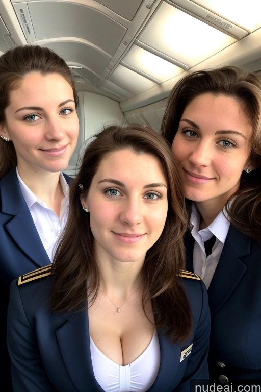 ai nude image of three women in uniform posing for a picture on a plane pics of Pubic Hair Busty Skinny Front View German Long Hair Brunette Fairer Skin Detailed Athlete Small Ass 18 Flight Attendant