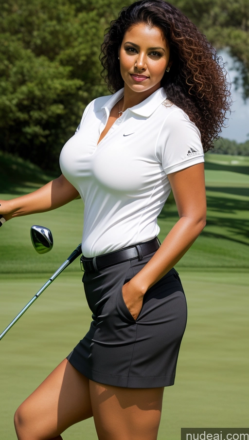 ai nude image of arafed woman in a white shirt and black skirt holding a golf club pics of One Big Ass Tanned Skin Seductive Curly Hair Indian Black Hair Golf 40s Woman Busty