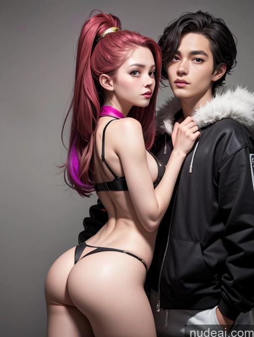 ai nude image of they are two people posing for a picture in a studio pics of Small Tits Small Ass Skinny Long Legs Short 18 Cosplay Fur Doggystyle (Side View) Woman + Man Chinese