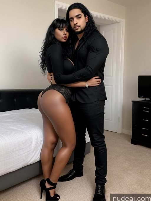 ai nude image of there is a man and woman posing in a bedroom together pics of Huge Boobs Beautiful Big Ass Big Hips Pubic Hair 18 Black Hair Bangs Bedroom Goth Dark Skin Arabic Woman + Man