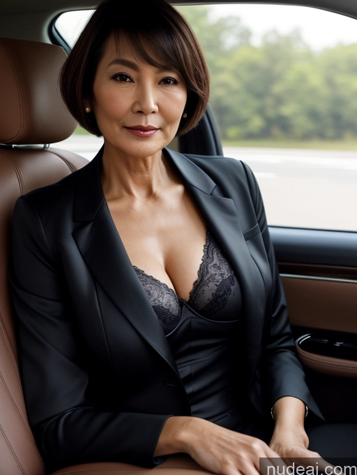 ai nude image of woman in a car with a black jacket and black bra pics of Milf Perfect Boobs Beautiful Perfect Body Short Hair 70s Car Blouse Bra Jacket Professor Stylish Suit Cleavage Detailed Sexy Face Casual Dark Lighting Korean