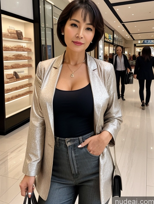 ai nude image of woman in a silver blazer and jeans standing in a mall pics of Milf Two Perfect Boobs Beautiful Perfect Body Short Hair 70s Chinese Mall Blouse Bra Casual Jacket Professor Secretary Shirt Stylish Suit Cleavage Detailed Sexy Face