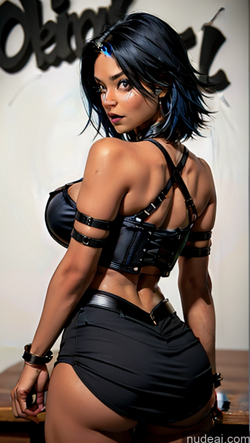 Busty Perfect Boobs Pubic Hair Tanned Skin African Close-up View Goth Crop Top Round Ass Corset Blue Hair Objection!