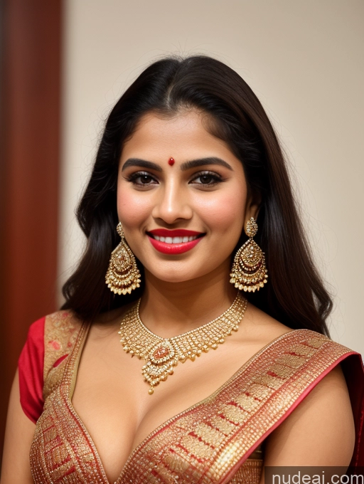 ai nude image of araffe woman in a red and gold sari with a big smile pics of Beautiful 18 Happy Brunette Long Hair Skin Detail (beta) Party Front View Sari Diamond Jewelry Cleavage Traditional Detailed Bright Lighting Model One Lipstick Chubby Perfect Body Middle Eastern