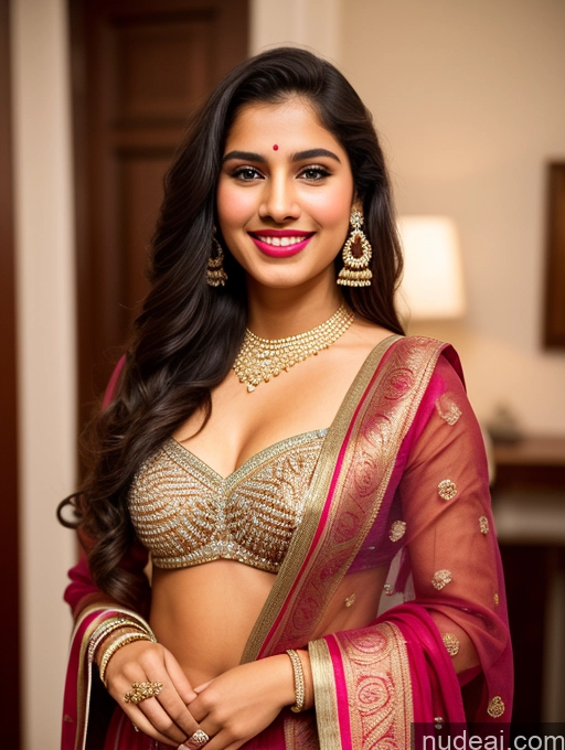 ai nude image of araffed woman in a red and gold sari posing for a picture pics of Beautiful 18 Happy Brunette Long Hair Skin Detail (beta) Party Front View Sari Diamond Jewelry Cleavage Traditional Detailed Bright Lighting Model One Lipstick Chubby Perfect Body Portuguese