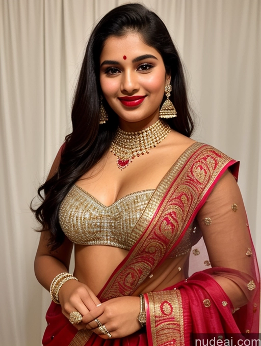 ai nude image of a close up of a woman in a red and gold sari pics of Beautiful 18 Happy Brunette Long Hair Skin Detail (beta) Party Front View Sari Diamond Jewelry Cleavage Traditional Detailed Bright Lighting Model One Lipstick Chubby Perfect Body Turkish