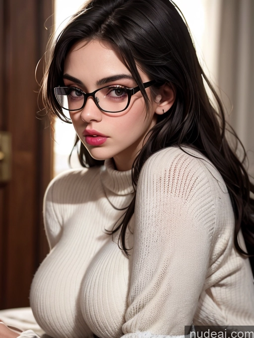 Woman Huge Boobs 18 Black Hair Long Hair Close-up View Sweater Pouting Lips Glasses Single Thumbs Up