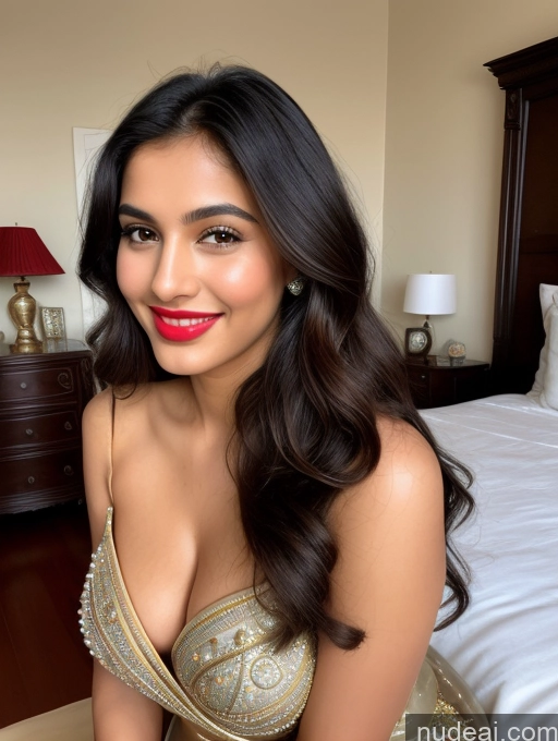 ai nude image of araffed woman in a gold dress posing for a picture pics of One Perfect Boobs Beautiful Perfect Body 18 Happy Brunette Long Hair Indian Surrealist Bedroom Front View Pearl Jewelry Bright Lighting Detailed Sari Lipstick Skinny Chubby Miss Universe Model