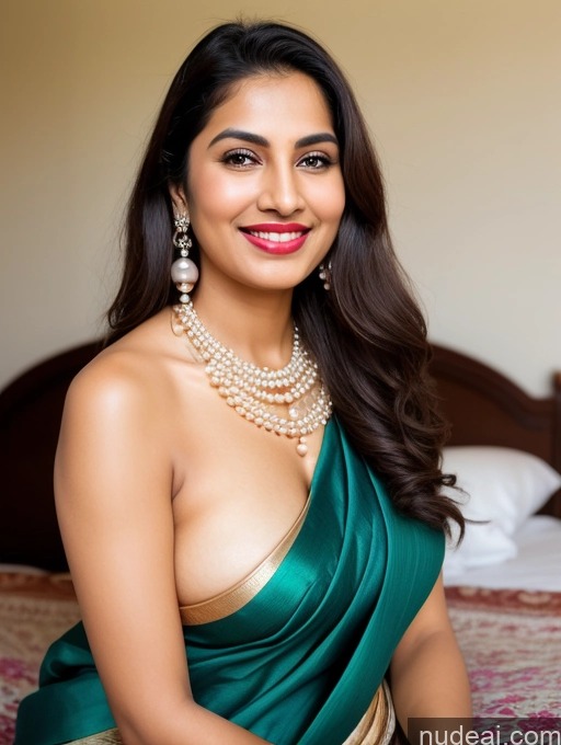 ai nude image of araffe woman in a green dress sitting on a bed pics of One Perfect Boobs Beautiful Perfect Body 18 Happy Brunette Long Hair Indian Surrealist Bedroom Front View Pearl Jewelry Bright Lighting Detailed Sari Lipstick Skinny Chubby Milf