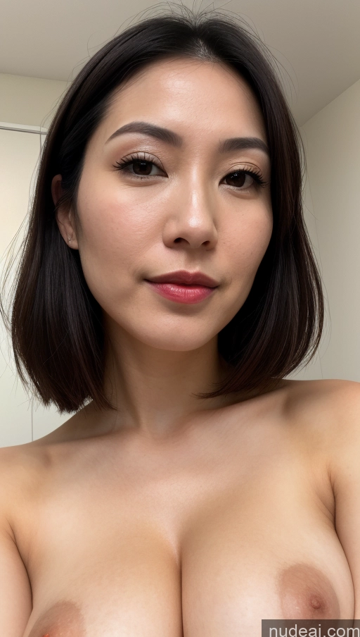 ai nude image of arafed asian woman with a very large breast posing for a picture pics of Woman One Beautiful Lipstick Fairer Skin 30s Black Hair Close-up View Japanese Bobcut Skin Detail (beta) Huge Boobs