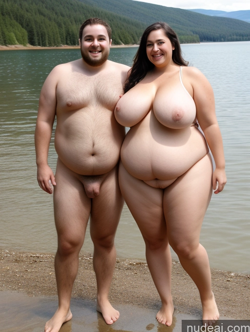 related ai porn images free for Two Woman + Man Busty Huge Boobs Thick Chubby Fat 40s Happy Black Hair Long Hair White T-pose Front View Lake