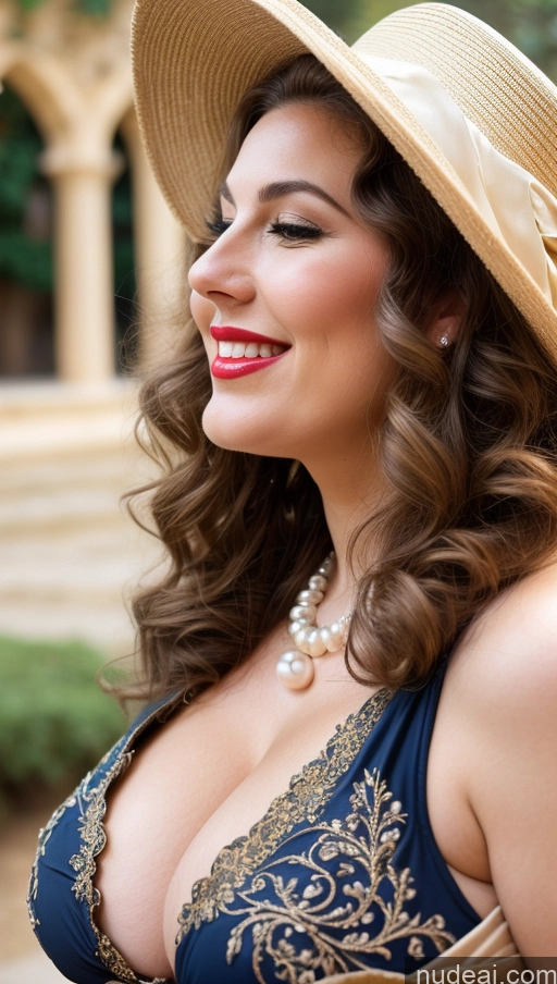 ai nude image of araffe woman in a blue dress and a tan hat pics of Huge Boobs Perfect Boobs Big Ass Busty Lipstick Thick Big Hips Perfect Body Fairer Skin 60s Cleavage Curly Hair Happy Chubby Woman Medieval Spanish Traditional Pearl Jewelry Side View Hat