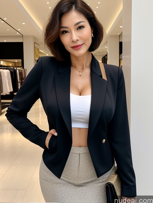 ai nude image of arafed woman in a black jacket and skirt posing for a picture pics of Milf Two Perfect Boobs Beautiful Perfect Body Short Hair 70s Chinese Mall Blouse Bra Casual Jacket Professor Secretary Shirt Stylish Suit Cleavage Detailed Sexy Face