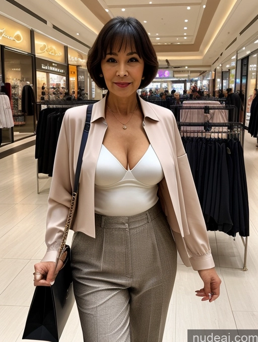 ai nude image of araffe woman in a beige jacket and grey pants in a store pics of Milf Two Perfect Boobs Beautiful Perfect Body Short Hair 70s Chinese Mall Blouse Bra Casual Jacket Professor Secretary Shirt Stylish Suit Cleavage Detailed Sexy Face