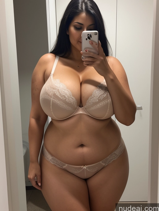 ai nude image of araffe woman taking a selfie in a bathroom mirror pics of One Milf Huge Boobs Big Ass Perfect Body Chubby 30s Sexy Face Black Hair Indian Nude Bra Changing Room Front View Panties