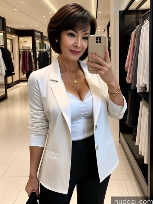 ai nude image of woman taking a selfie in a clothing store with a cell phone pics of Milf Two Perfect Boobs Beautiful Perfect Body Short Hair 70s Chinese Mall Blouse Bra Casual Jacket Professor Secretary Shirt Stylish Suit Cleavage Detailed Sexy Face