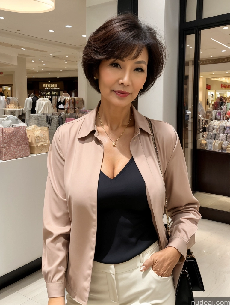 ai nude image of woman in a tan jacket and black top standing in a store pics of Milf Two Perfect Boobs Beautiful Perfect Body Short Hair 70s Chinese Mall Blouse Bra Casual Jacket Professor Secretary Shirt Stylish Suit Cleavage Detailed Sexy Face