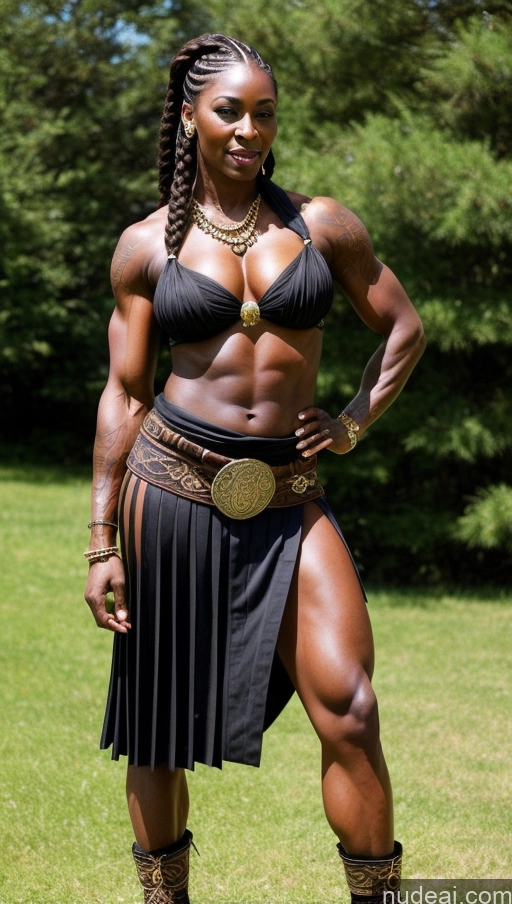 ai nude image of a woman in a black bikini top and skirt posing for a picture pics of Muscular Abs Dark Skin African Kilt Viking 80s Braided Thick Tattoos Traditional Jewelry Mini Skirt Big Ass