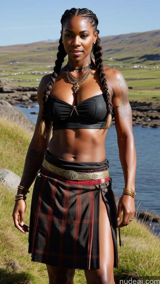 ai nude image of there is a woman in a skirt standing by the water pics of Muscular Abs Dark Skin African Kilt Viking 80s Braided Thick Tattoos Traditional Jewelry Mini Skirt Big Ass Nude Fat Short Big Hips