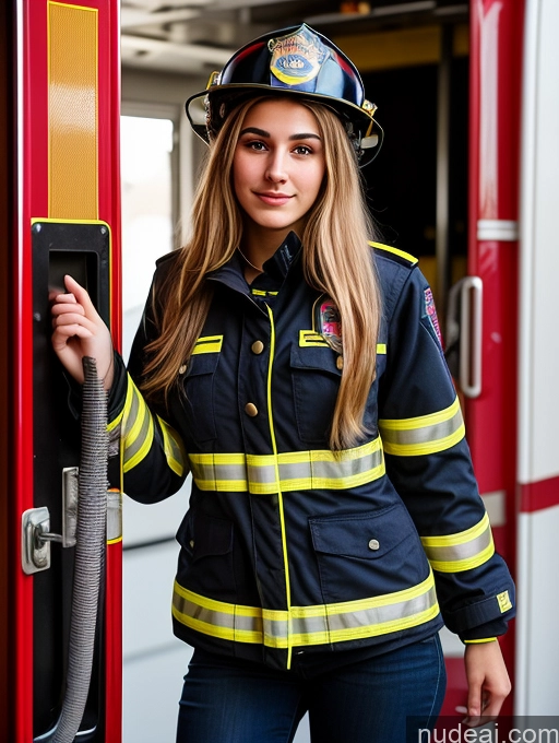 ai nude image of arafed woman in a firefighter's uniform standing next to a fire truck pics of Sorority Beautiful Perfect Boobs Perfect Body 18 Jewish Firefighter