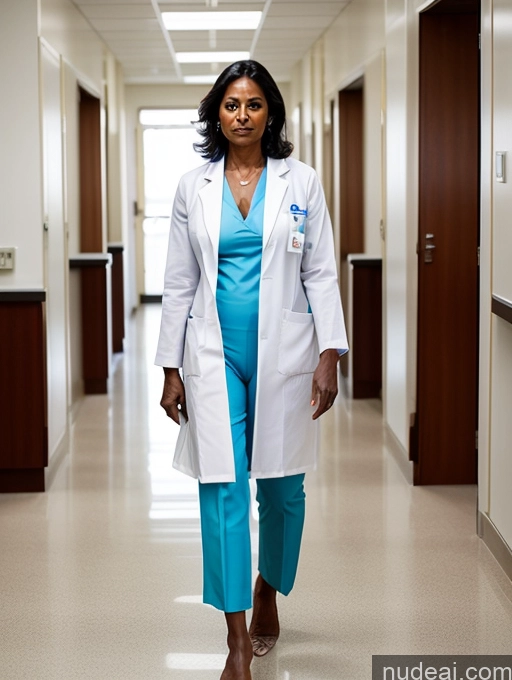 ai nude image of arafed woman in a white lab coat and blue pants walking down a hallway pics of Milf Two Perfect Boobs Perfect Body Dark Skin 70s Indian Stylish Cleavage Partially Nude Detailed Hospital Doctor Lab Coat Casual