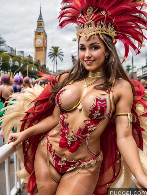 ai nude image of araffe dressed in a red and gold costume at a carnival pics of BeckoningGesture 18 British Small Tits Dance Dress: Samba Pantyhose Full Frontal