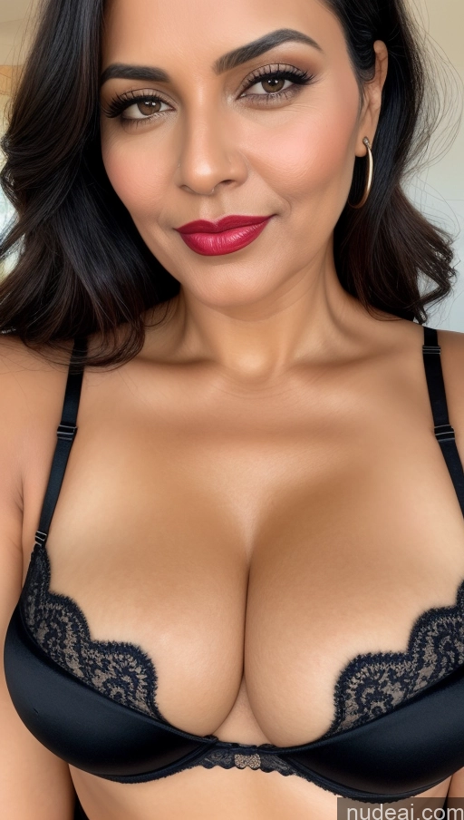 ai nude image of a close up of a woman wearing a black bra and red lipstick pics of Woman One Beautiful Lipstick Black Hair Indian Close-up View Bra Slicked Busty Perfect Boobs 50s