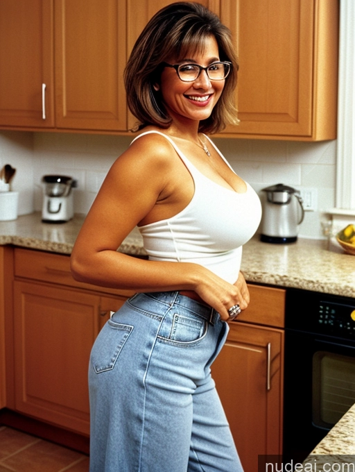 ai nude image of there is a woman standing in a kitchen with a pant on pics of Milf One Perfect Boobs Glasses Big Ass Tanned Skin 40s Happy Brunette Bobcut Brazilian Crisp Anime Kitchen 90s