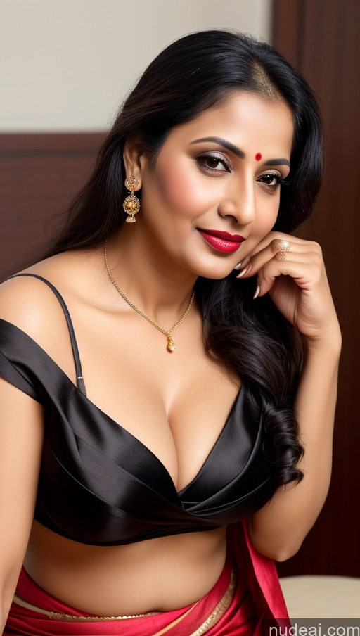 ai nude image of sexy indian woman in black top and red sari posing for a picture pics of Woman One Busty Beautiful Lipstick 40s Black Hair Slicked Indian Close-up View Sari Cleavage