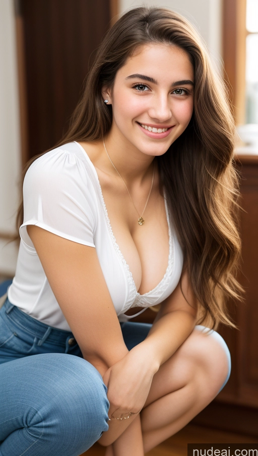 ai nude image of arafed woman in white shirt and jeans crouching down on a wooden floor pics of Sorority Beautiful Perfect Boobs Perfect Body 18 Jewish Squatting Blouse Cleavage Happy