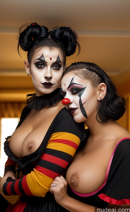 ai nude image of two women dressed up as clowns and clown makeup posing for a picture pics of Tanned Skin Pixie Close-up View Clown Goth Huge Tits, Hard Nipples CODKier Busty Greek Bra Pull Down