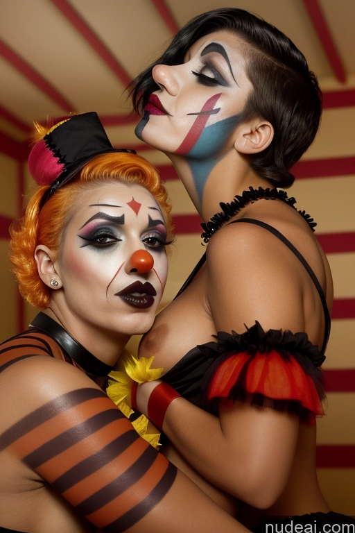 ai nude image of two women dressed in clown makeup and makeup make up posing for a picture pics of Tanned Skin Pixie Close-up View Clown Goth Huge Tits, Hard Nipples CODKier Busty Greek Bra Pull Down