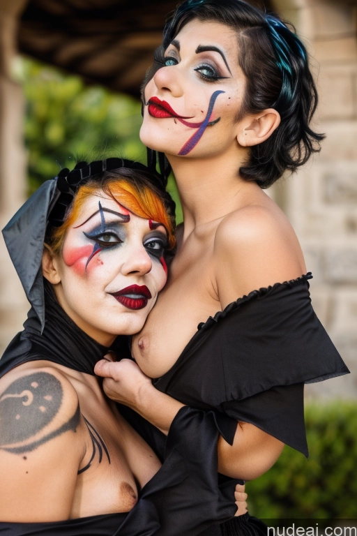 ai nude image of two women with face paint and makeup posing for a picture pics of Tanned Skin Pixie Close-up View Clown Goth Huge Tits, Hard Nipples CODKier Busty Greek Flashing Tits #2